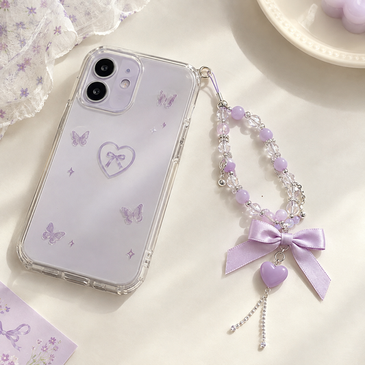 Lavender Beaded Phone Strap with Heart Charm