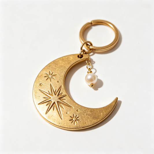 Gold Crescent Moon Keychain with Pearl Charm